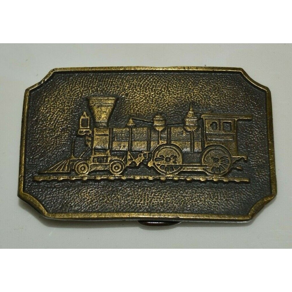 Vintage 1970s Brass Tone Sunset Railroad Train Locomotive Detailed Belt Buckle